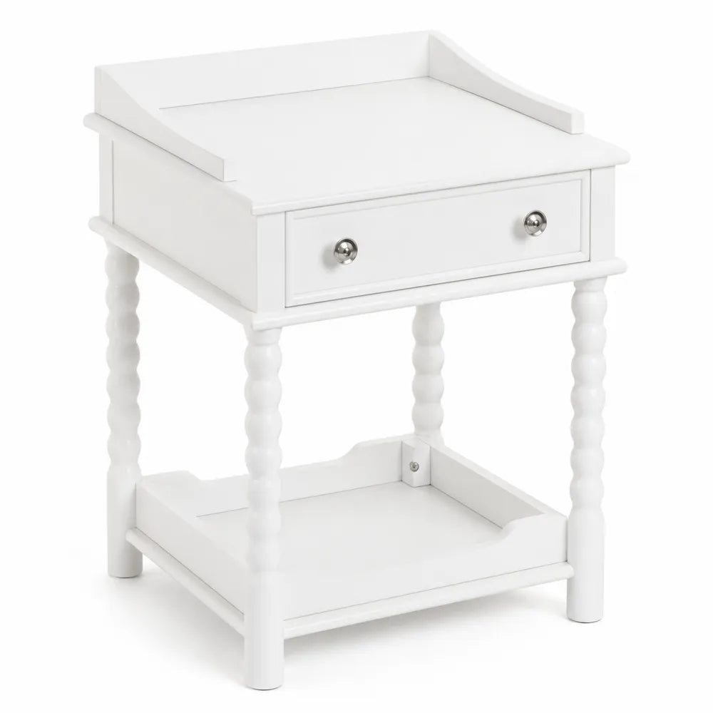 Table de chevet en bois avec tiroir et étagère blanche