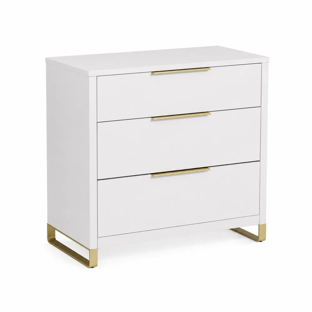 Commode 3 tiroirs en bois avec pieds métalliques dorés