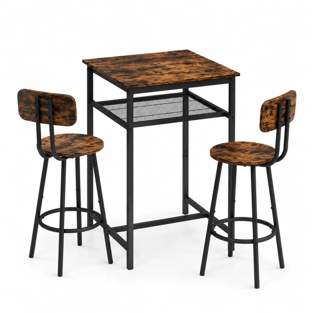Table carrée en bois et métal avec 2 tabourets, Marron rustique