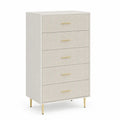 Commode haute en bois MDF avec tiroirs en placage textile, poignées et pieds dorés