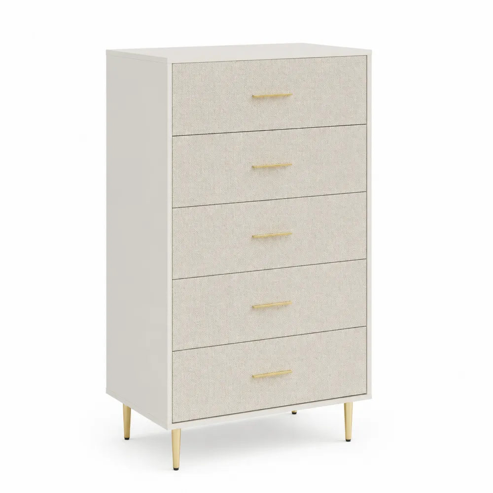 Commode haute en bois MDF avec tiroirs en placage textile, poignées et pieds dorés