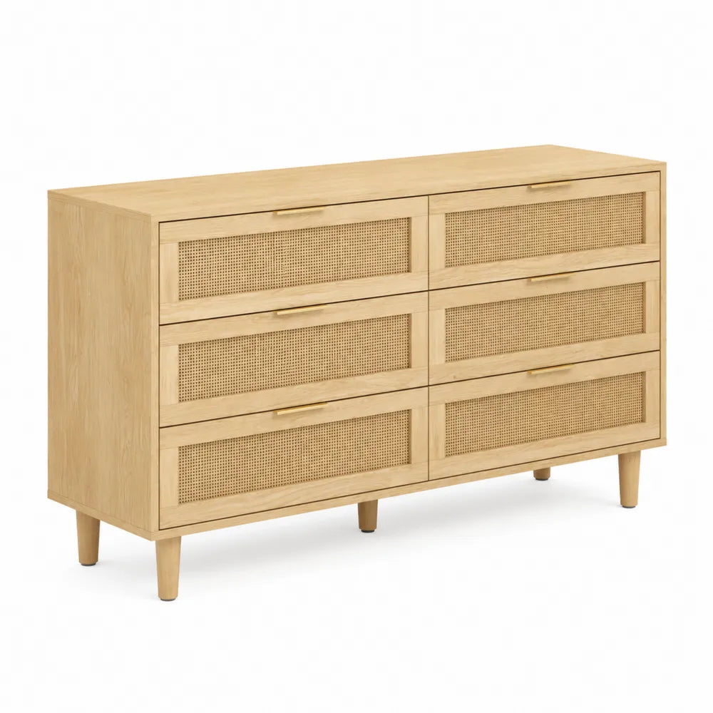 Commode en bois de frêne avec 6 tiroirs et rotin