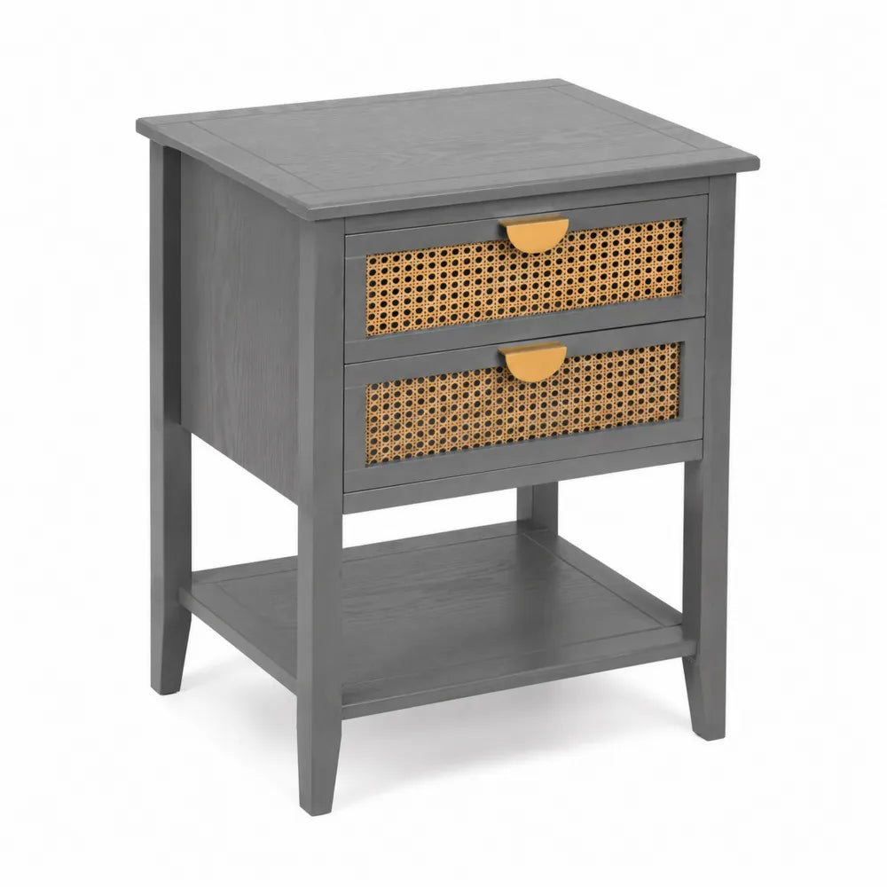 Table de chevet en bois et rotin gris