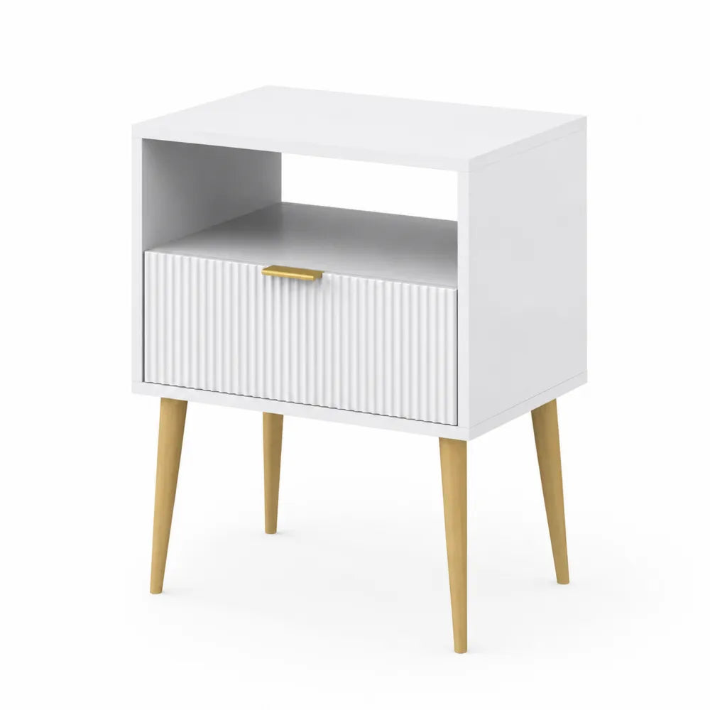 Table de chevet en bois MDF blanc avec pieds en bois massif